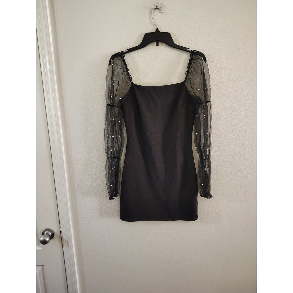 Allison + Kelly Black Pearl Mesh Sleeve Square Neck Mini Dress Small
